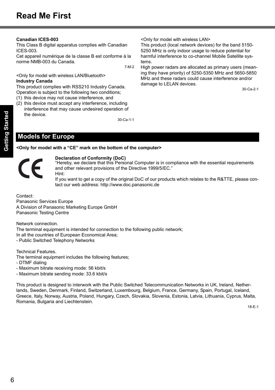 Read me first, Models for europe | Panasonic CF-T7 User Manual | Page 6 / 44