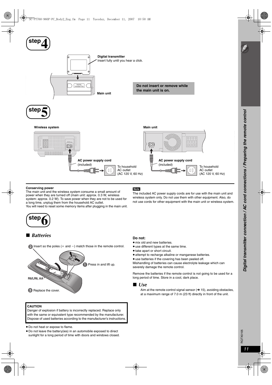 Step, Digital transmitter connection, Ac cord connections | Preparing the remote control, Batteries, Si mp le s etu p | Panasonic SC-PT954 User Manual | Page 11 / 44