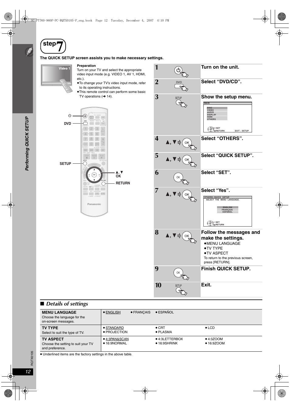 Step, Performing quick setup, Details of settings | Si mp le s etu p, Turn on the unit, Select “dvd/cd, Show the setup menu, Select “others, Select “quick setup, Select “set | Panasonic SC-PT954 User Manual | Page 12 / 44