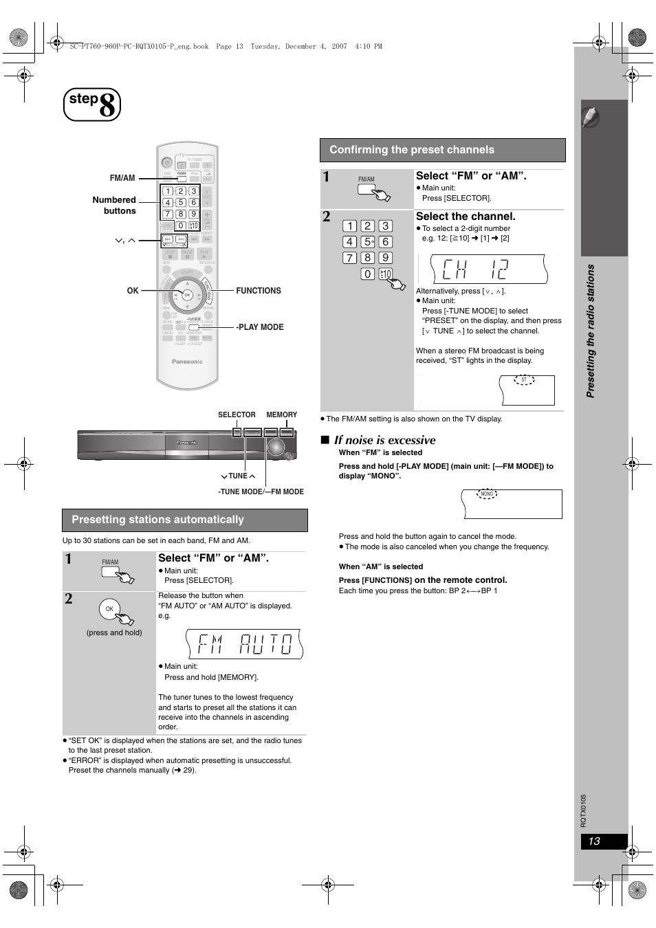 Step, Presetting the radio stations, If noise is excessive | Si mp le s etu p, Presetting stations automatically, Select “fm” or “am, Confirming the preset channels, Select the channel, Pr esetting the radio stations | Panasonic SC-PT954 User Manual | Page 13 / 44