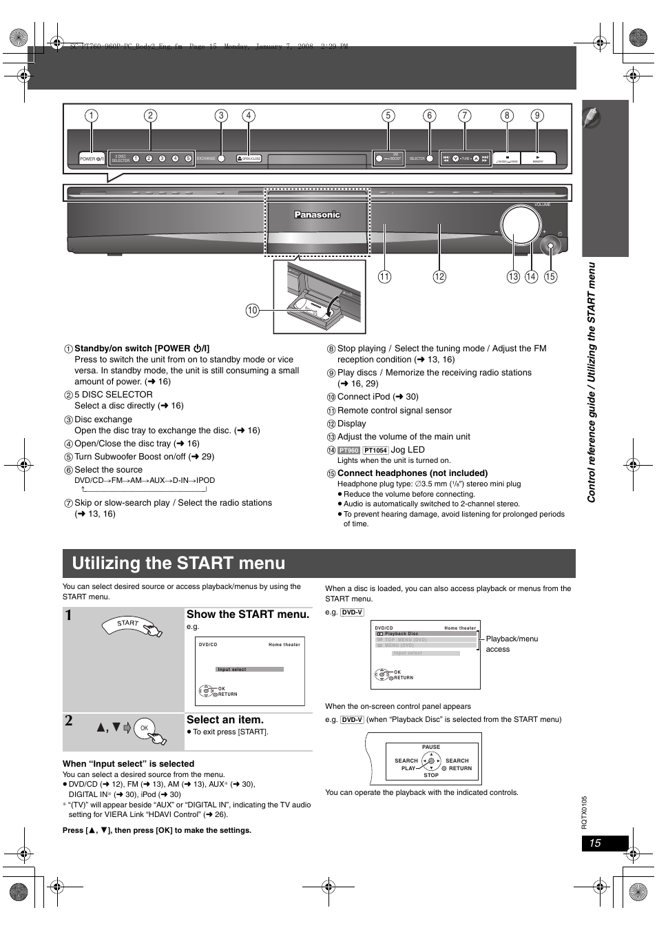 Utilizing the start menu, Show the start menu, Select an item | Panasonic SC-PT954 User Manual | Page 15 / 44