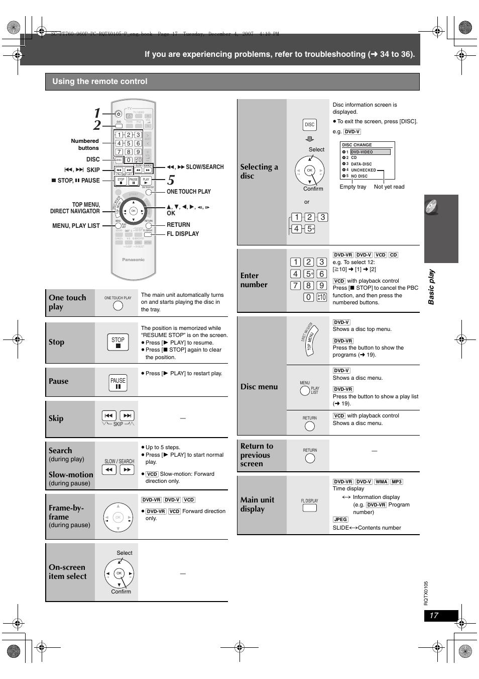 Stop, Pause, Skip search | Slow-motion, Frame-by- frame, On-screen item select, Selecting a disc, Enter number, Disc menu, Return to previous screen main unit display | Panasonic SC-PT954 User Manual | Page 17 / 44