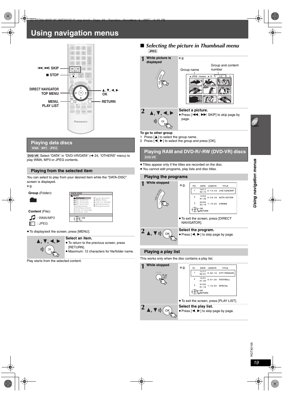 Using navigation menus, Selecting the picture in thumbnail menu, Playing data discs | Playing ram and dvd-r/-rw (dvd-vr) discs, Usi n g na v ig a ti on me n u s, Playing from the selected item, Playing the programs, Playing a play list | Panasonic SC-PT954 User Manual | Page 19 / 44