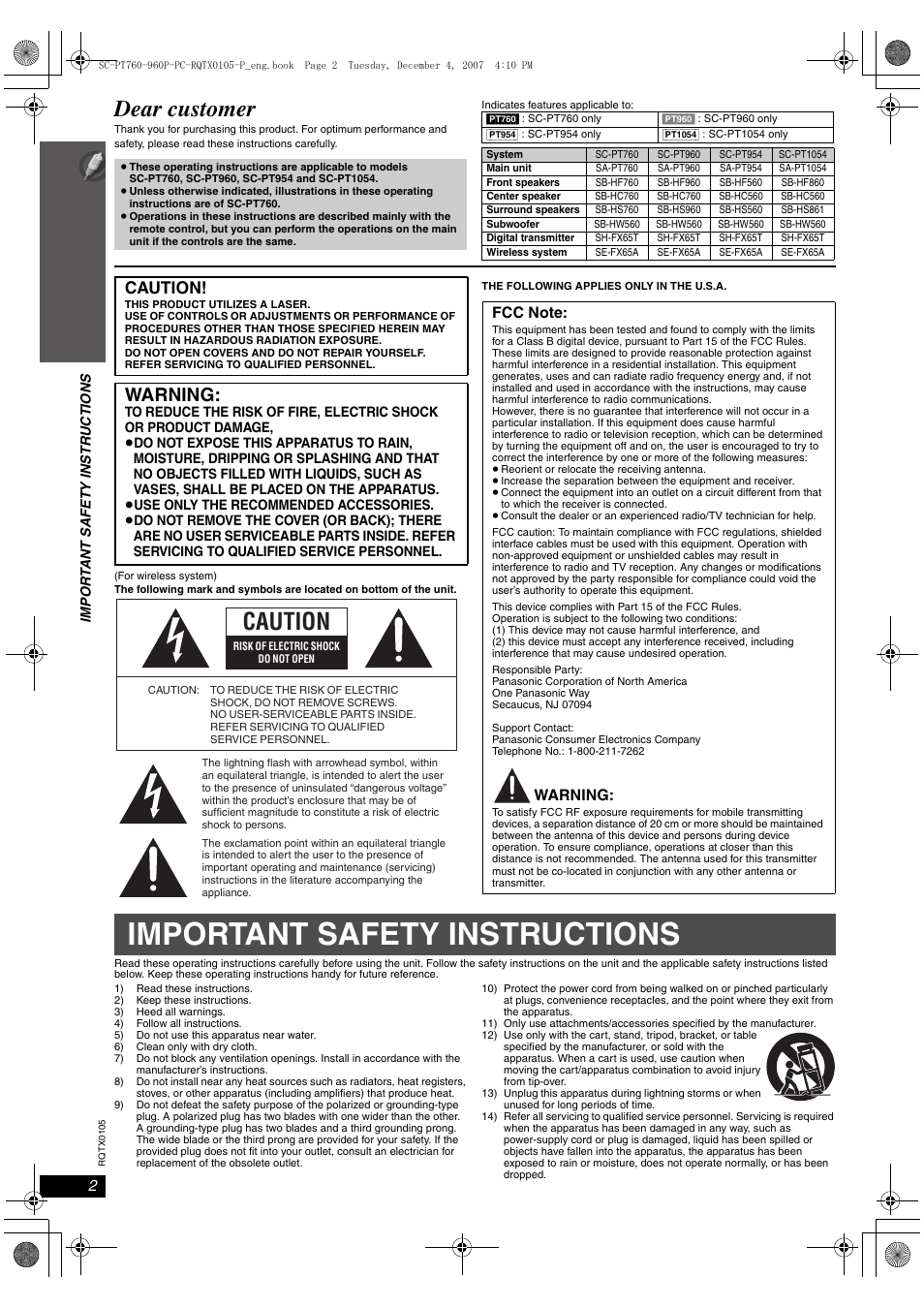 Important safety instructions, Dear customer, Warning | Caution | Panasonic SC-PT954 User Manual | Page 2 / 44