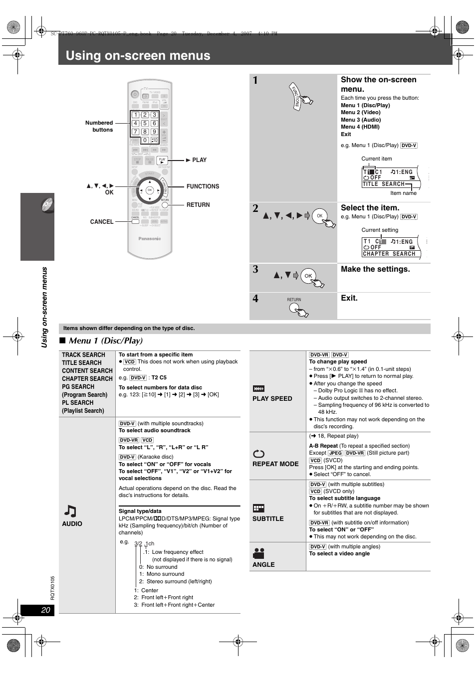 Using on-screen menus, Menu 1 (disc/play), Show the on-screen menu | Select the item, Make the settings, Exit, Usi n g on -scre e n me n u s | Panasonic SC-PT954 User Manual | Page 20 / 44