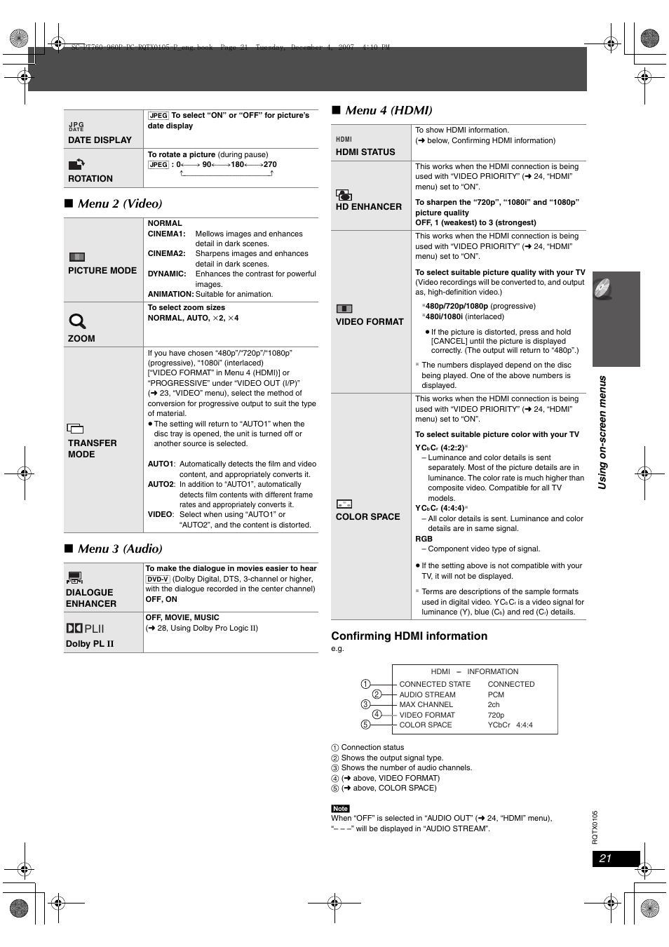 Menu 2 (video) ∫ menu 3 (audio) ∫ menu 4 (hdmi), Plii, Confirming hdmi information | Panasonic SC-PT954 User Manual | Page 21 / 44