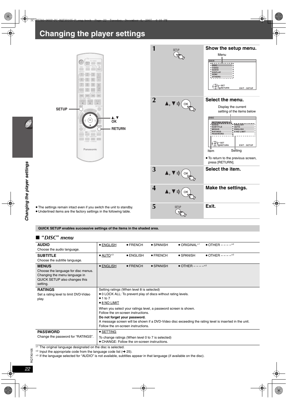 Changing the player settings, Disc ” menu, Show the setup menu | Select the menu, Select the item, Make the settings, Exit, Ch an gi ng th e pl a y er se ttings | Panasonic SC-PT954 User Manual | Page 22 / 44