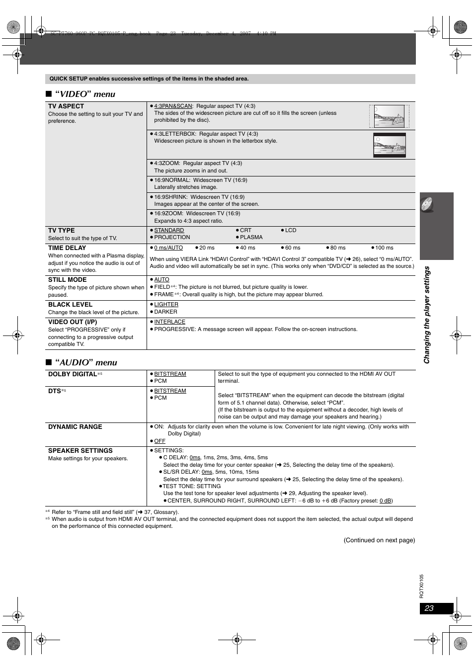 Video ” menu ∫ “ audio ” menu | Panasonic SC-PT954 User Manual | Page 23 / 44