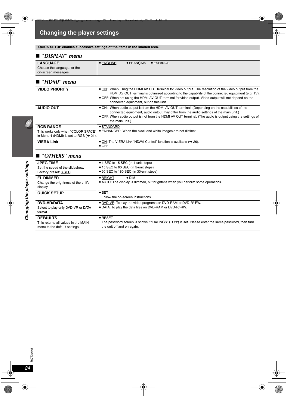 Changing the player settings, Display ” menu ∫ “ hdmi ” menu ∫ “ others ” menu | Panasonic SC-PT954 User Manual | Page 24 / 44