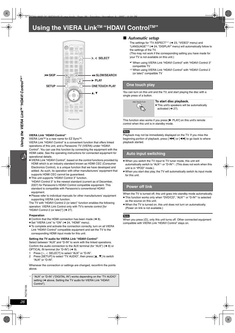 Otheroperations, Using the viera linktm “hdavi controltm, Using the viera link | Hdavi control, Automatic setup, One touch play, Auto input switching power off link, Usi n g the vi era li nk | Panasonic SC-PT954 User Manual | Page 26 / 44