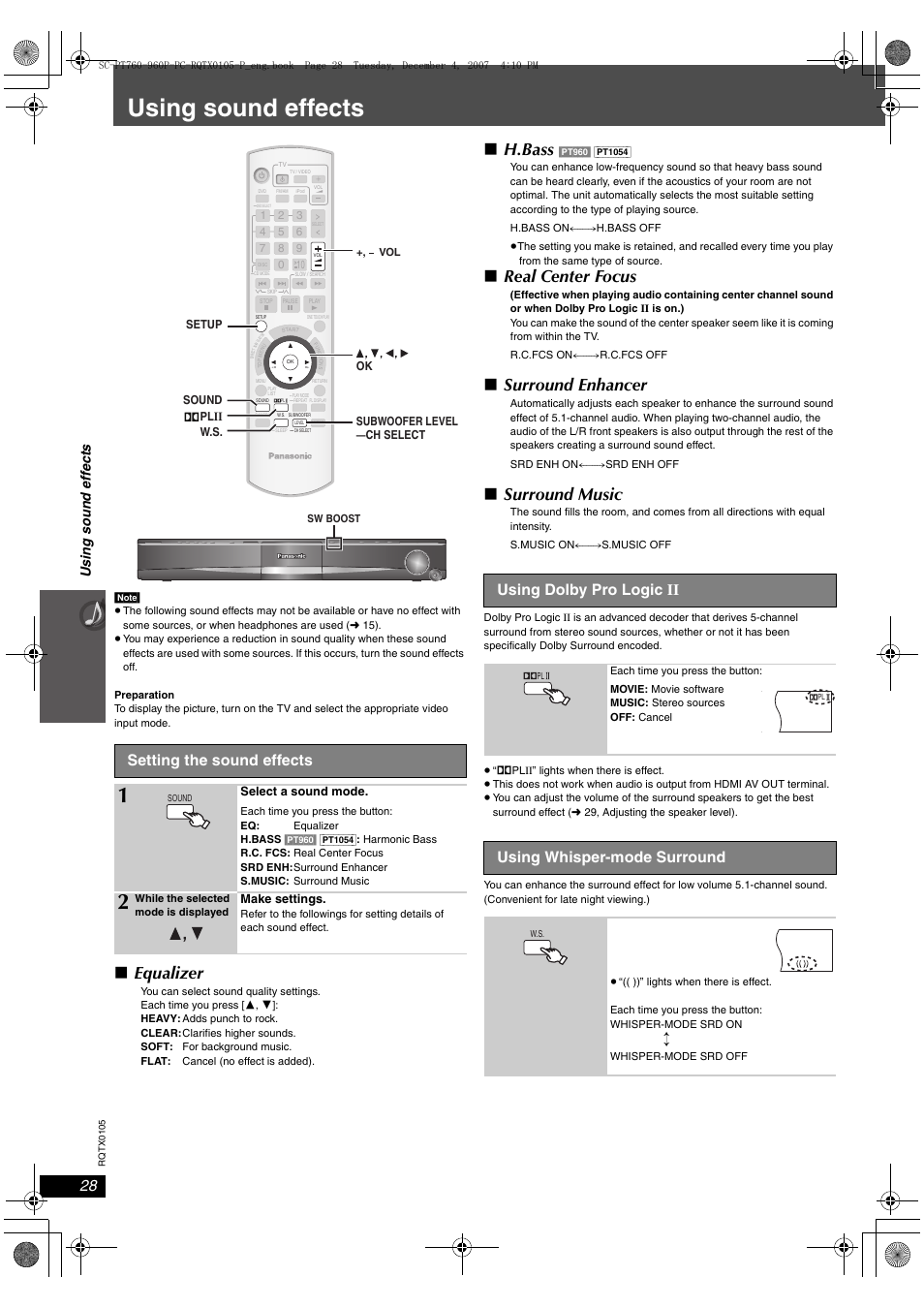 Using sound effects, Surroundsound, Equalizer | H.bass, Real center focus, Surround enhancer, Surround music, Setting the sound effects, Using dolby pro logic ii, Using whisper-mode surround | Panasonic SC-PT954 User Manual | Page 28 / 44