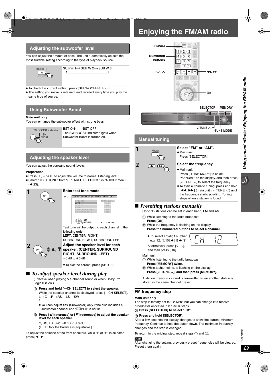 Enjoying the fm/am radio, Presetting stations manually, Adjusting the subwoofer level | Using subwoofer boost, Adjusting the speaker level, Manual tuning, Fm frequency step | Panasonic SC-PT954 User Manual | Page 29 / 44