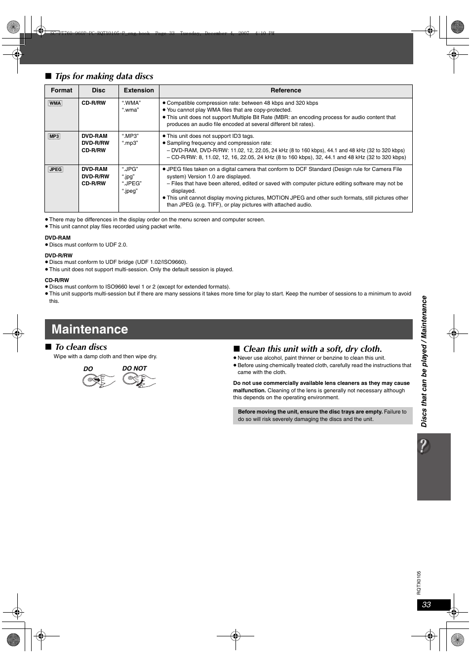 Maintenance, Tips for making data discs, Clean this unit with a soft, dry cloth | Panasonic SC-PT954 User Manual | Page 33 / 44