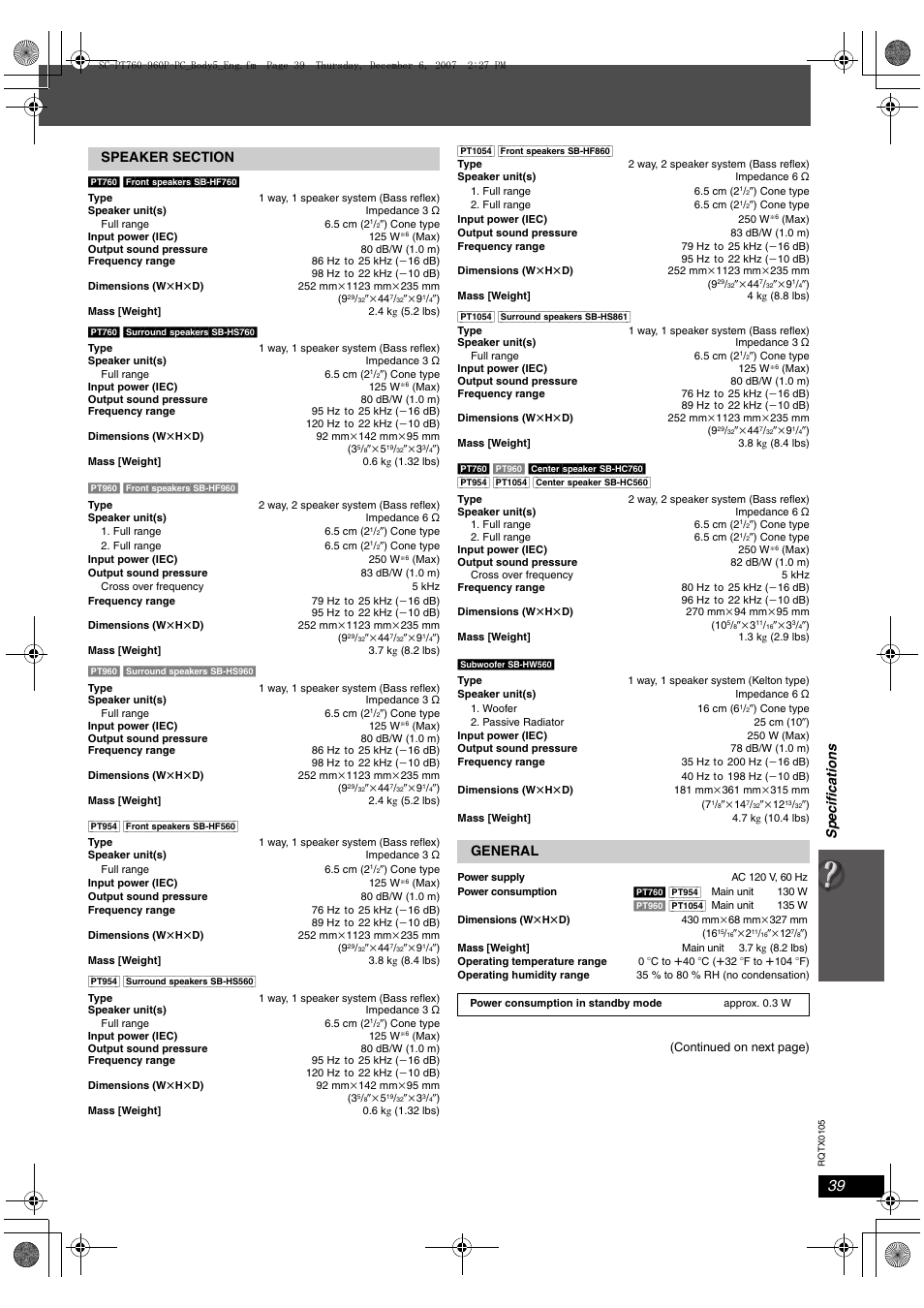 Specifications | Panasonic SC-PT954 User Manual | Page 39 / 44