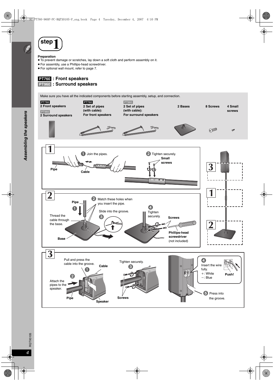 Gettingstarted, Simple setup, Step | Assembling the speakers | Panasonic SC-PT954 User Manual | Page 4 / 44