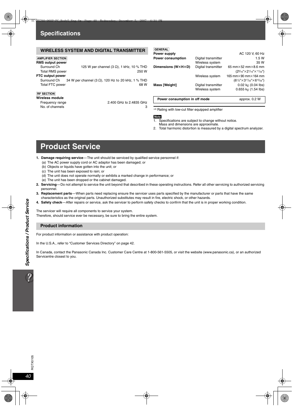 Product service, Specifications | Panasonic SC-PT954 User Manual | Page 40 / 44