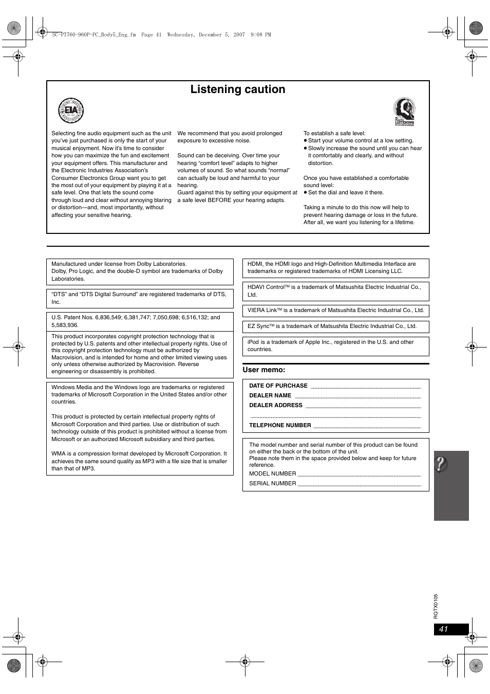 Listening caution | Panasonic SC-PT954 User Manual | Page 41 / 44