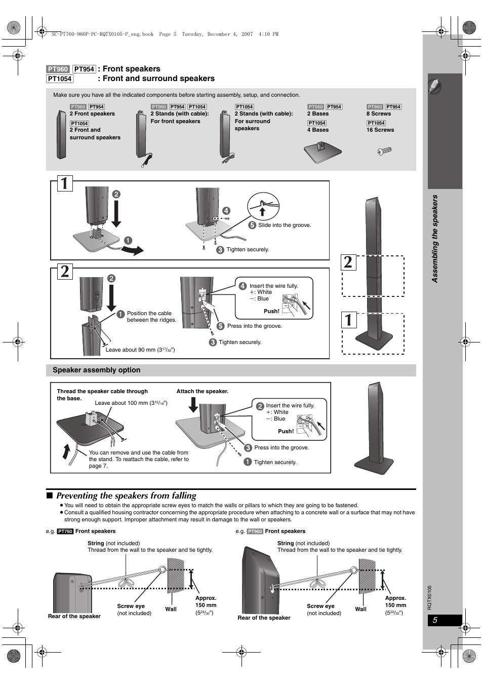 Preventing the speakers from falling, Si mp le s etu p | Panasonic SC-PT954 User Manual | Page 5 / 44