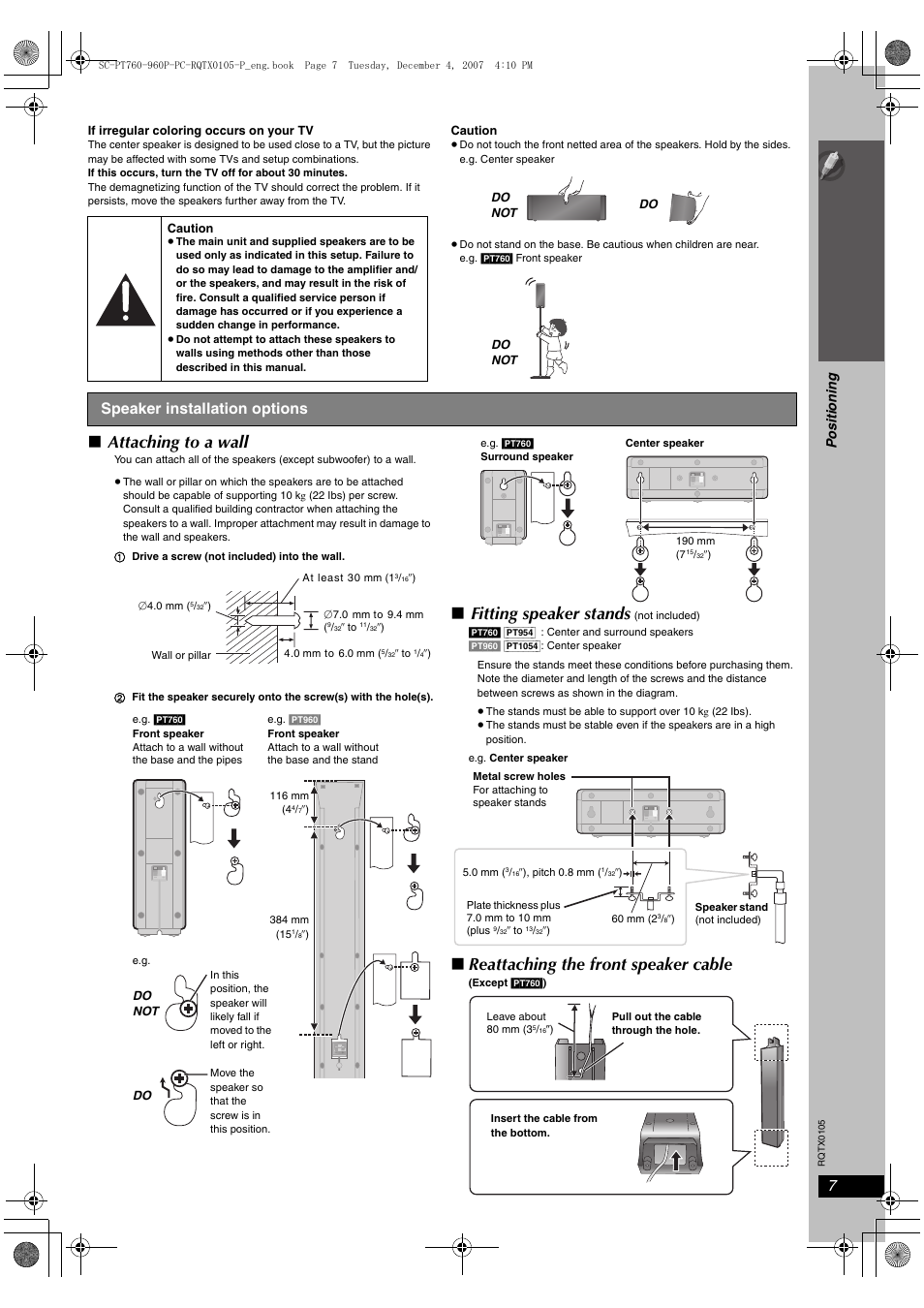 Attaching to a wall, Fitting speaker stands, Reattaching the front speaker cable | Si mp le s etu p, Speaker installation options, Po s it io n in g | Panasonic SC-PT954 User Manual | Page 7 / 44