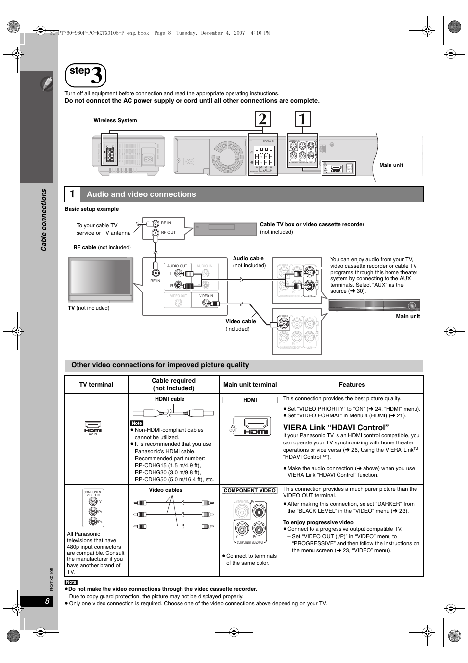 Step, Cable connections, Si mp le s etu p | Audio and video connections, Viera link “hdavi control, Ca b le co nn e c ti on s | Panasonic SC-PT954 User Manual | Page 8 / 44