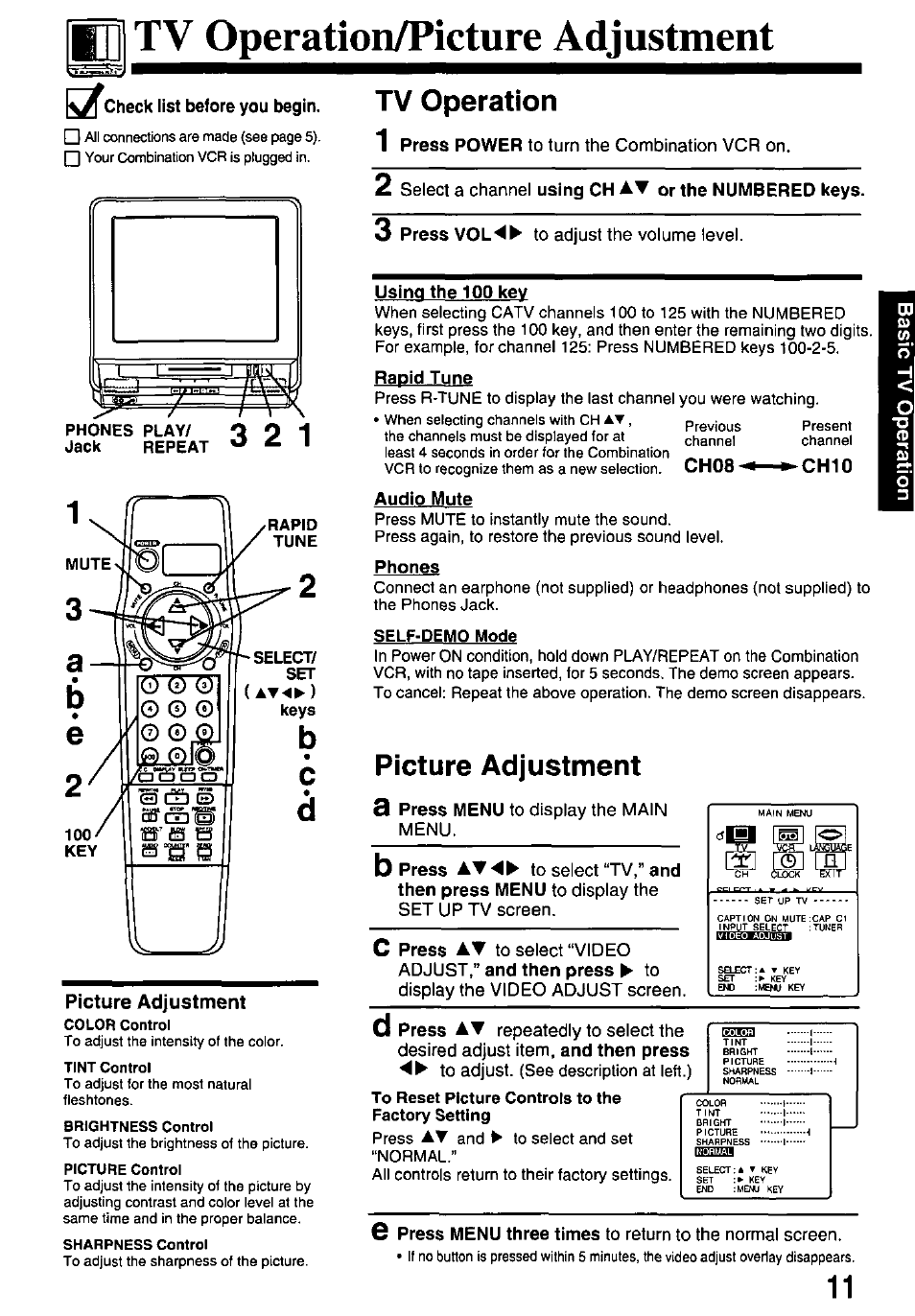 Tv operation/picture adjustment, Tv operation, Picture adjustment | Panasonic PV-M2738 User Manual | Page 11 / 32