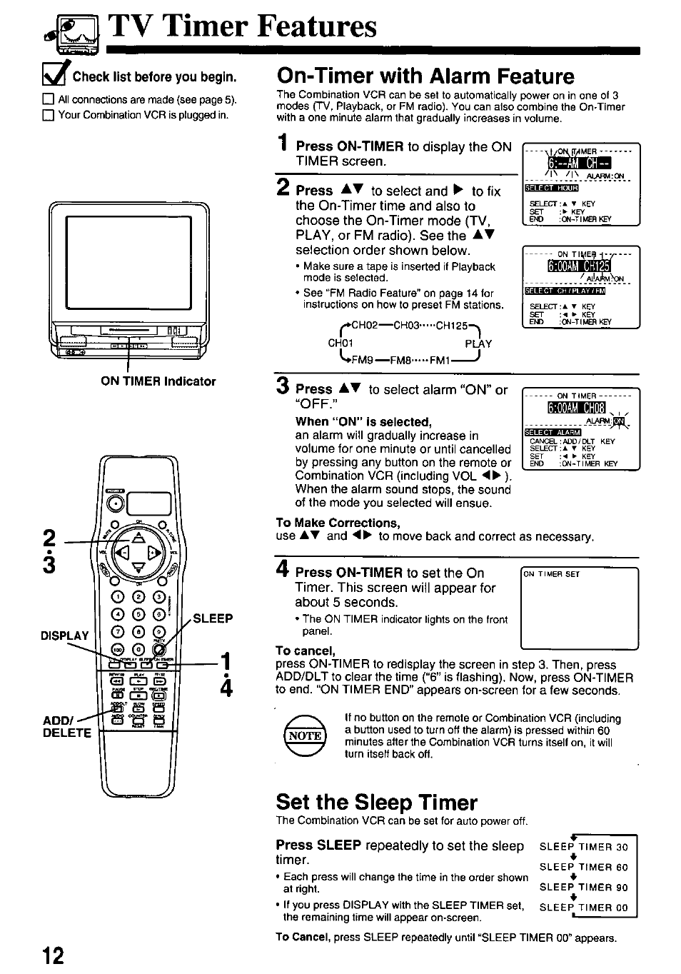 Tv timer features, On-timer with alarm feature, Set the sleep timer | Panasonic PV-M2738 User Manual | Page 12 / 32