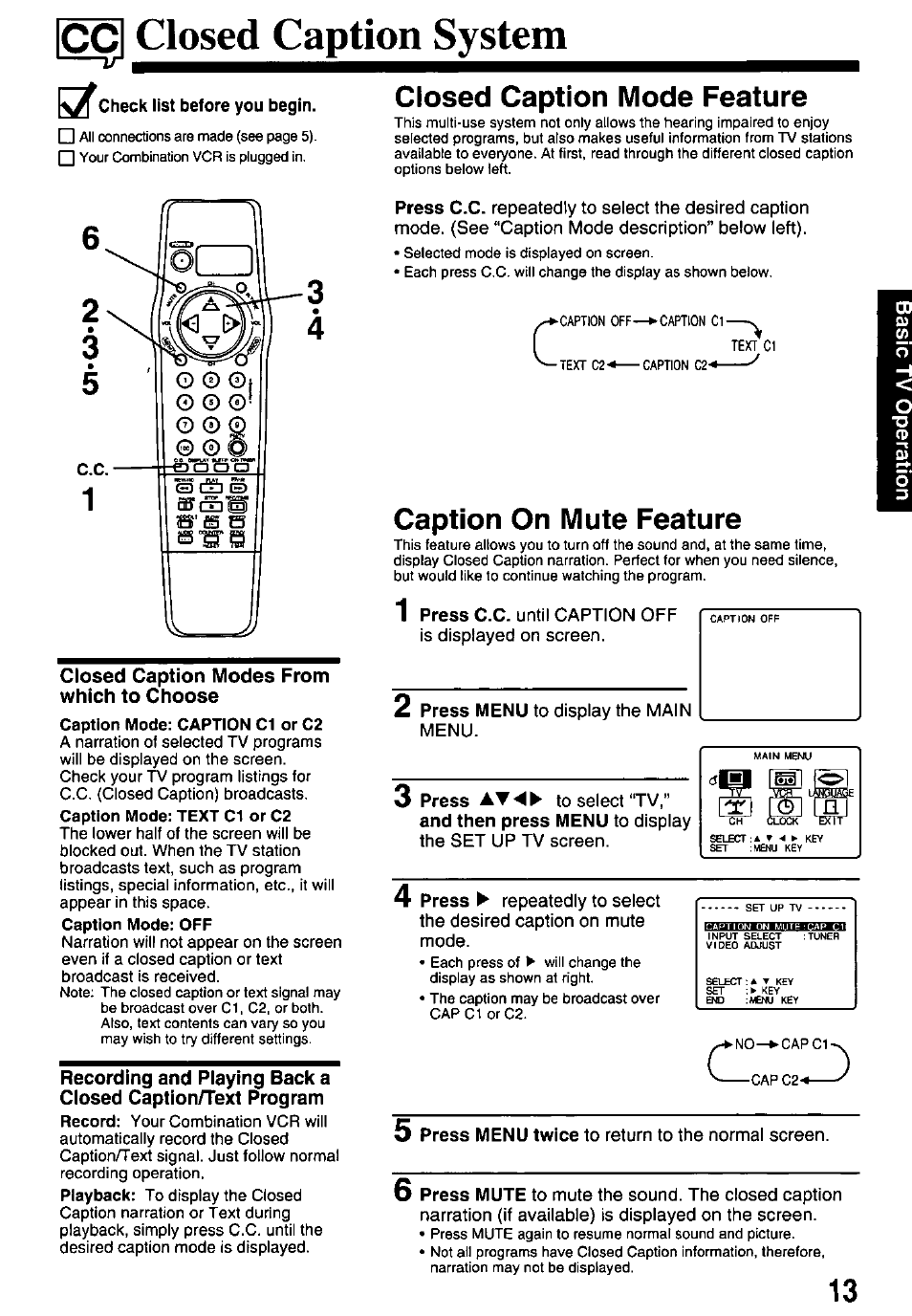 Icci closed caption system, X check list before you begin, Which to choose | Closed caption system, Icci, Closed caption mode feature, Caption on mute feature | Panasonic PV-M2738 User Manual | Page 13 / 32