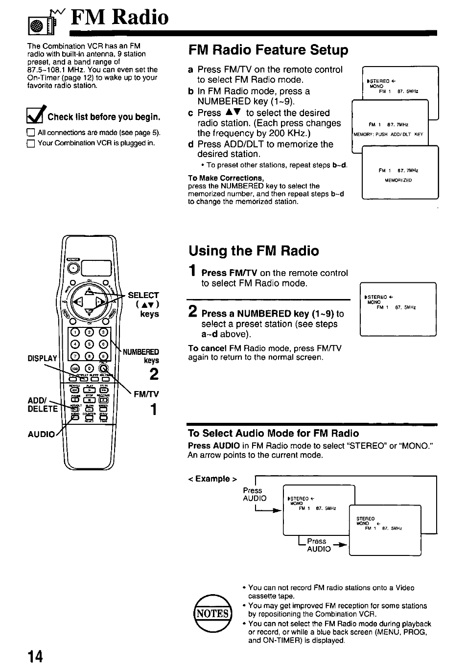 Fm radio, To select audio mode for fm radio, Example | Fm radio feature setup, Using the fm radio | Panasonic PV-M2738 User Manual | Page 14 / 32