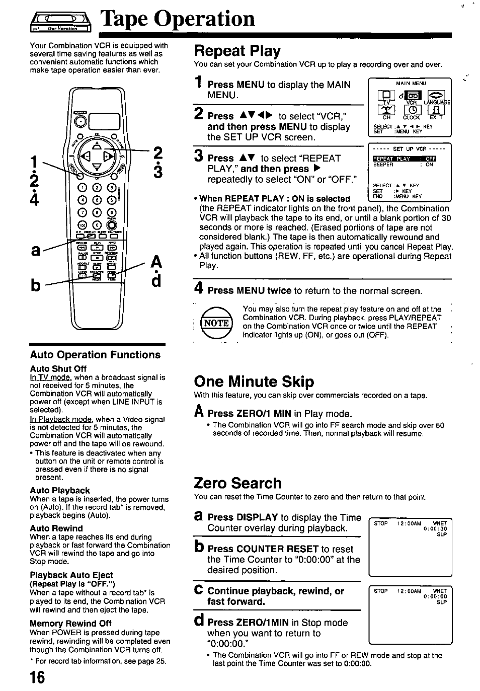 V tape operation, When repeat play ; on is selected, Repeat play | One minute skip, Zero search | Panasonic PV-M2738 User Manual | Page 16 / 32