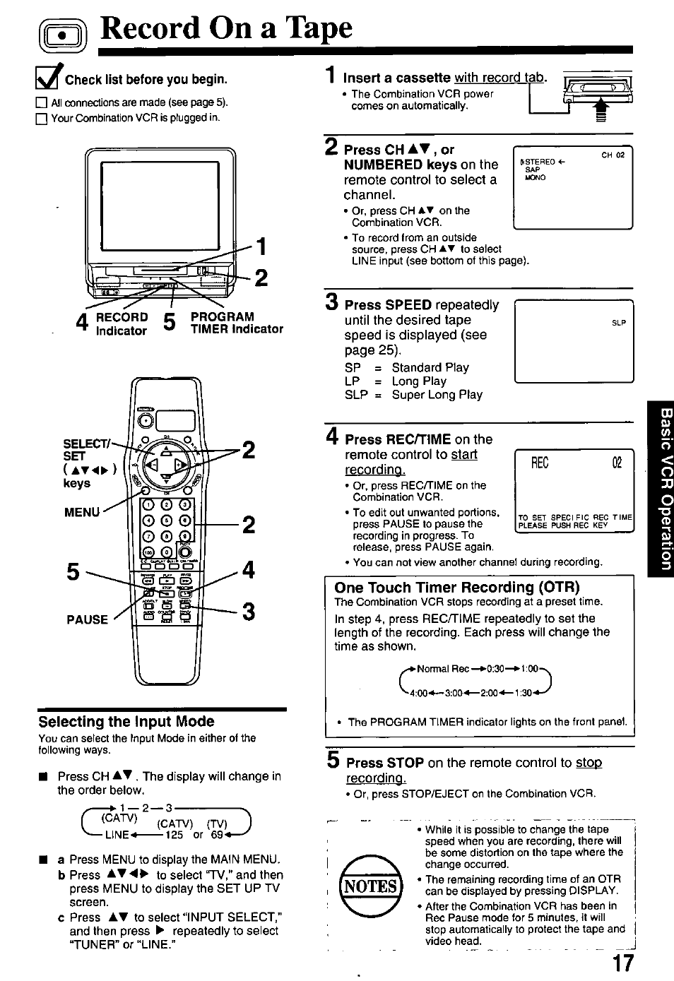 Record on a tape, Selecting the input mode, One touch timer recording (otr) | Panasonic PV-M2738 User Manual | Page 17 / 32