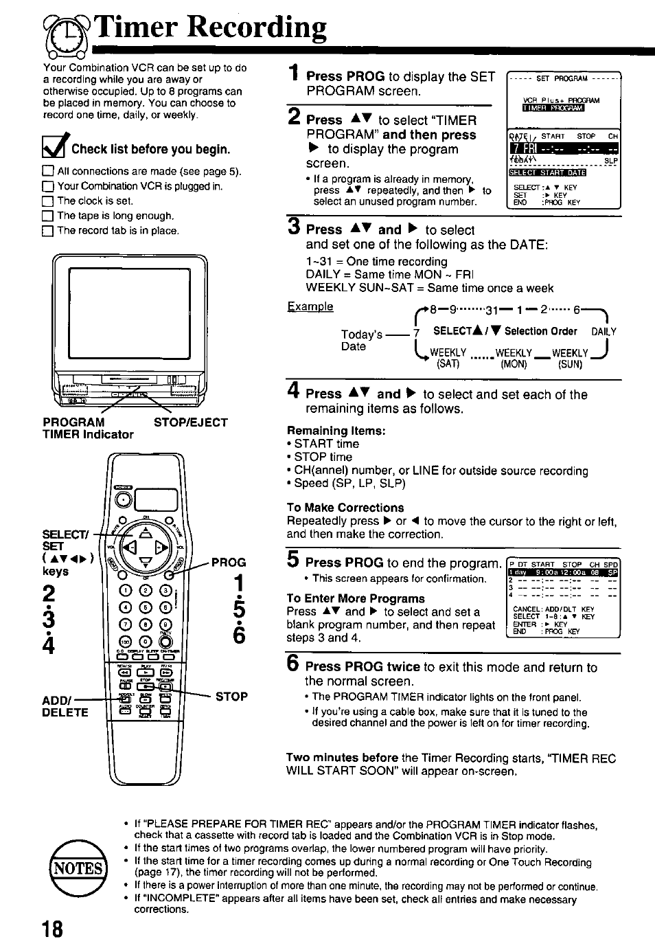 Timer recording, Timer indicator, To make corrections | Panasonic PV-M2738 User Manual | Page 18 / 32