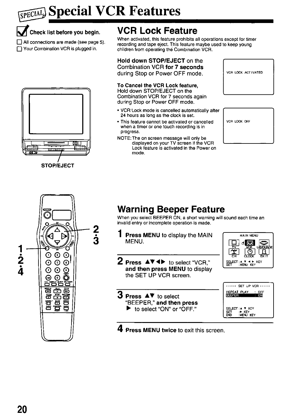 Check list before you begin, Hold down stop/eject on the, To cancel the vcr lock feature | Vcr features, Ispecl, Vcr lock feature, Warning beeper feature | Panasonic PV-M2738 User Manual | Page 20 / 32