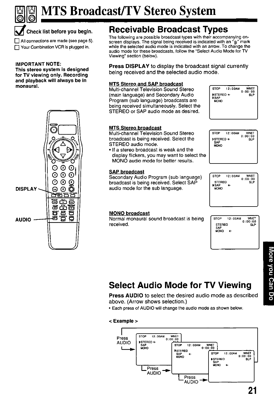 Si mts broadcast/tv stereo system, X check list before you begin, Important note | Mts stereo and sap broadcast, Mts stereo broadcast, Sap broadcast, Mono broadcast, Example, Receivable broadcast types, Select audio mode for tv viewing | Panasonic PV-M2738 User Manual | Page 21 / 32