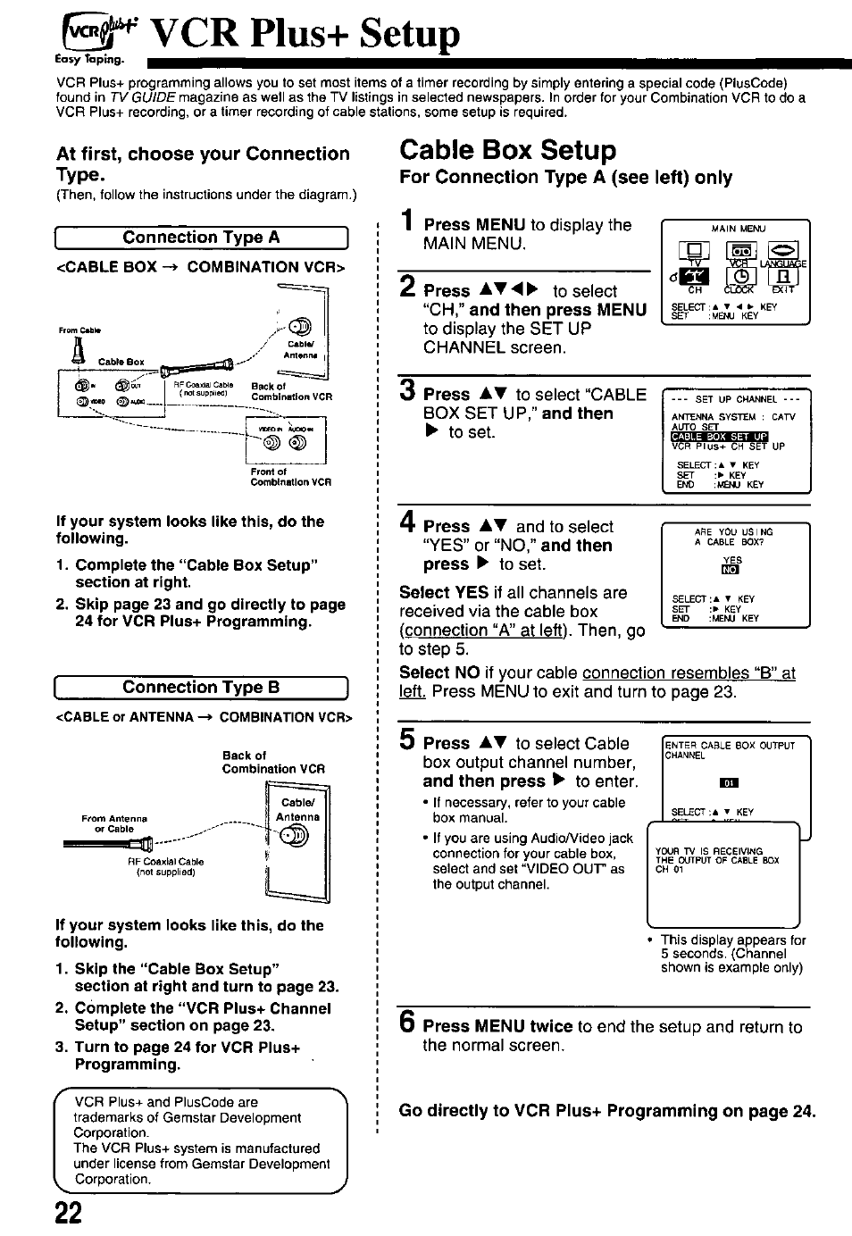 At first, choose your connection type, Connection type a, Connection type в | Cable box setup, For connection type a (see left) only, Egaasebiiha, Setup | Panasonic PV-M2738 User Manual | Page 22 / 32