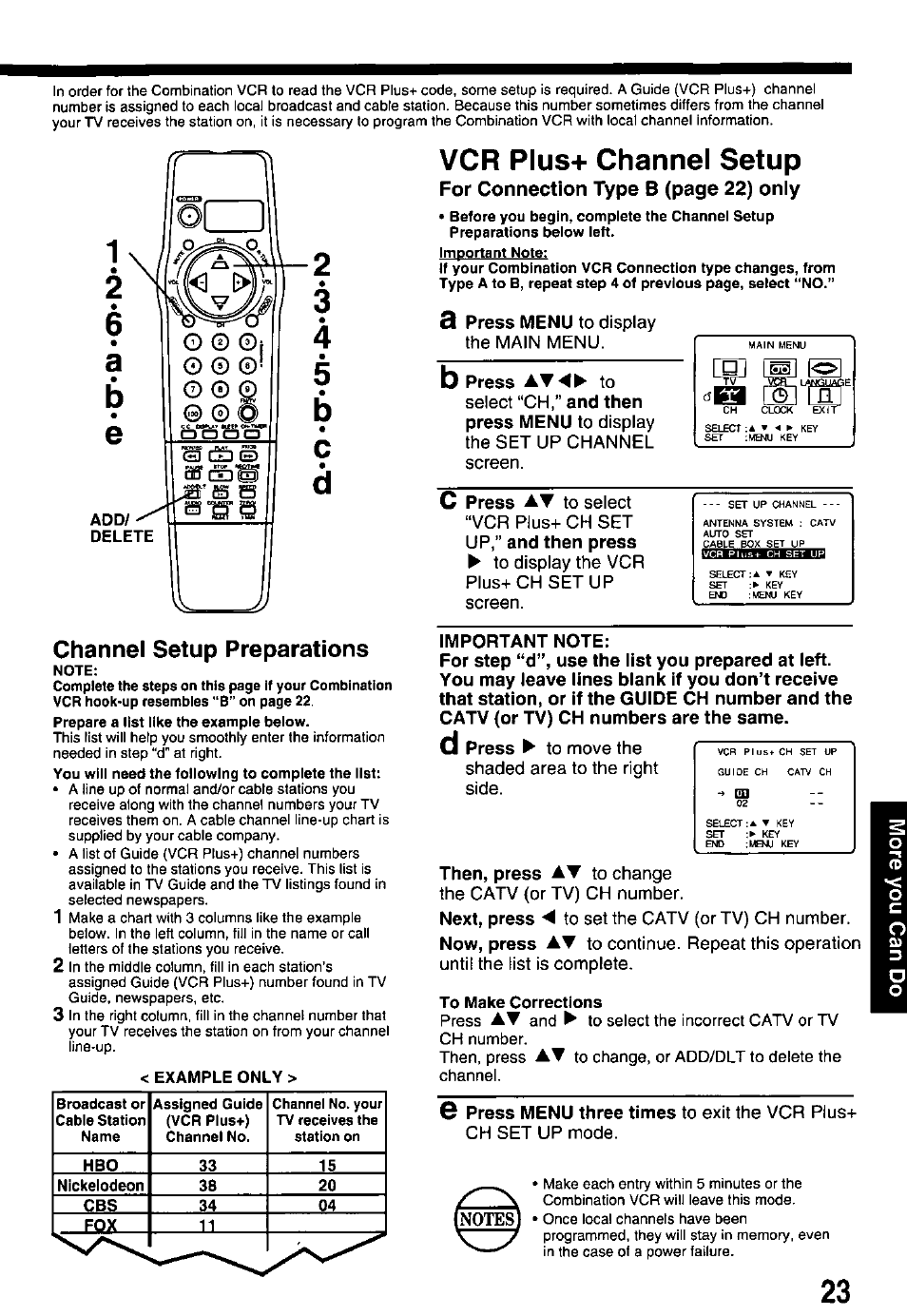 Important note, To make corrections, Vcr plus-i- channel setup | Channel setup preparations, For connection type b (page 22) only | Panasonic PV-M2738 User Manual | Page 23 / 32