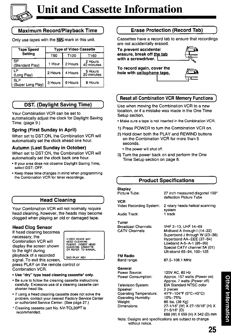 Unit and cassette information, Maximum record/playback time, Erase protection (record tab) | Dst. (daylight saving time), Head cieaning, Product specifications | Panasonic PV-M2738 User Manual | Page 25 / 32