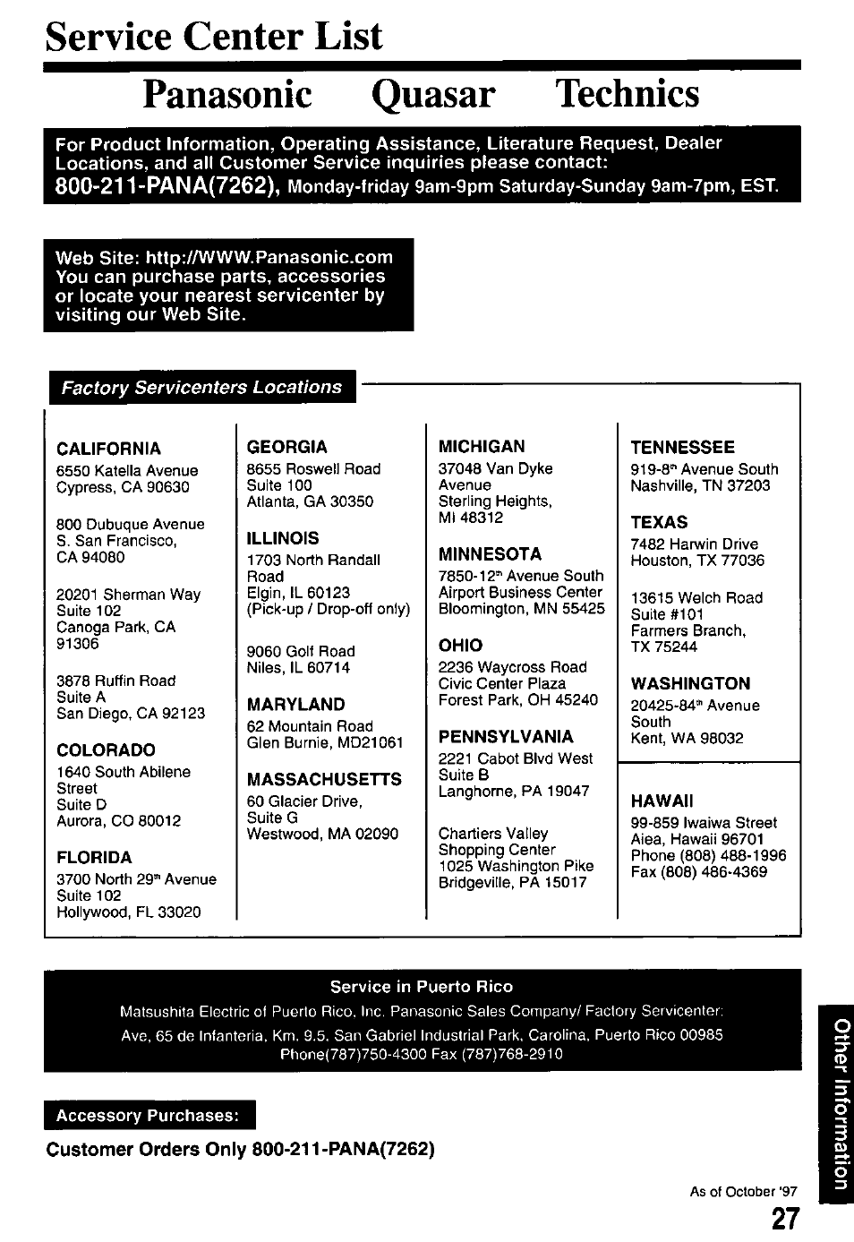 Service center list, Panasonic quasar technics, Customer orders only 800-211-pana(7262) | Service center list panasonic quasar technics | Panasonic PV-M2738 User Manual | Page 27 / 32