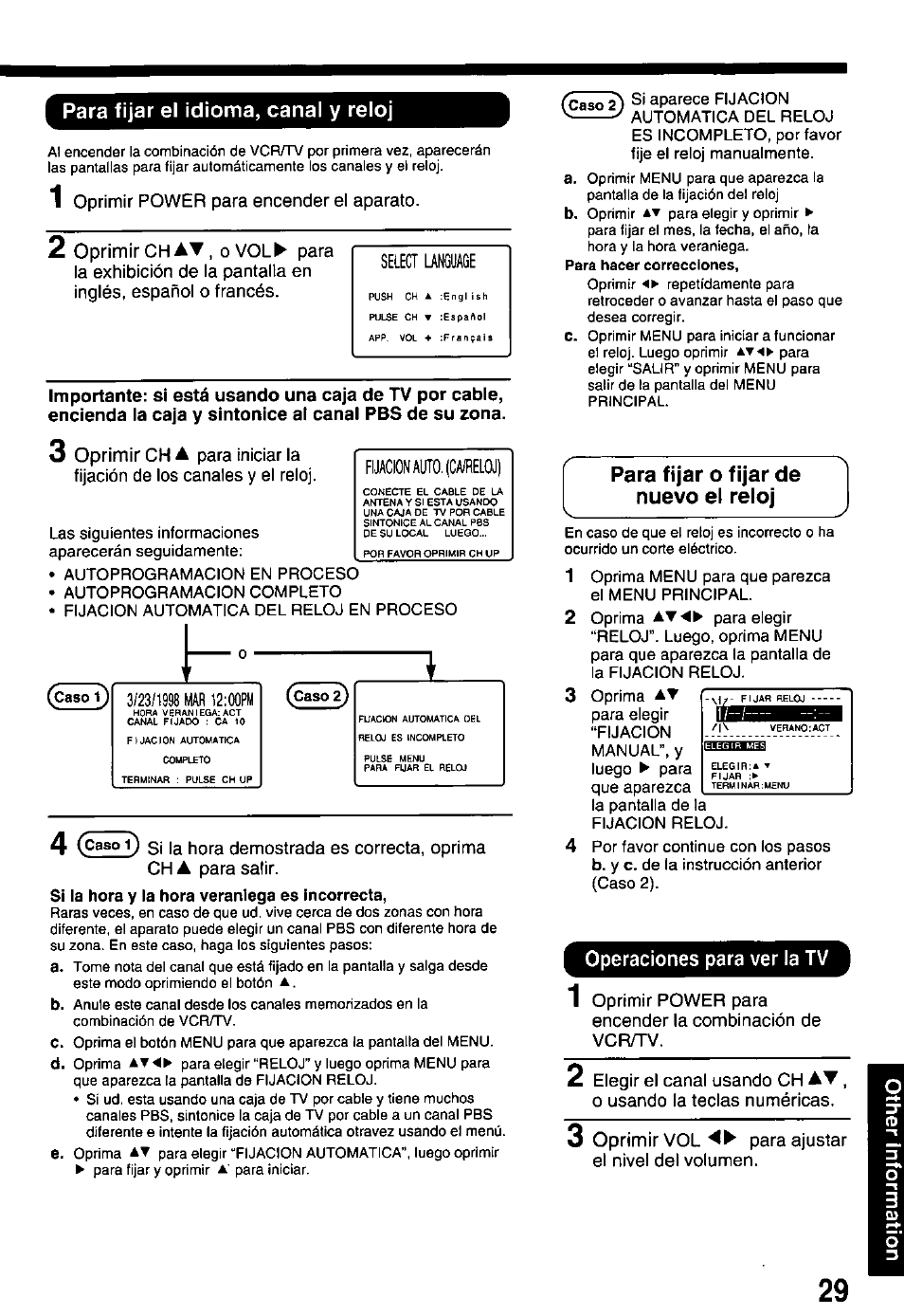 Para fijar el idioma, canal y reloj, Para fijar o fijar de nuevo el reloj, Operaciones para ver la tv | Panasonic PV-M2738 User Manual | Page 29 / 32