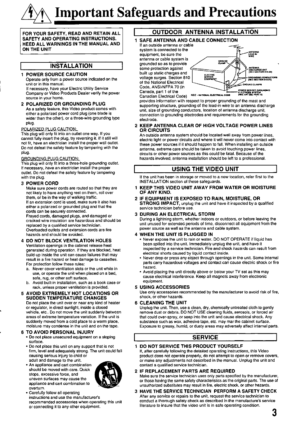 Important safeguards and precautions, Installation, Outdoor antenna installation | Using the video unit, Service | Panasonic PV-M2738 User Manual | Page 3 / 32