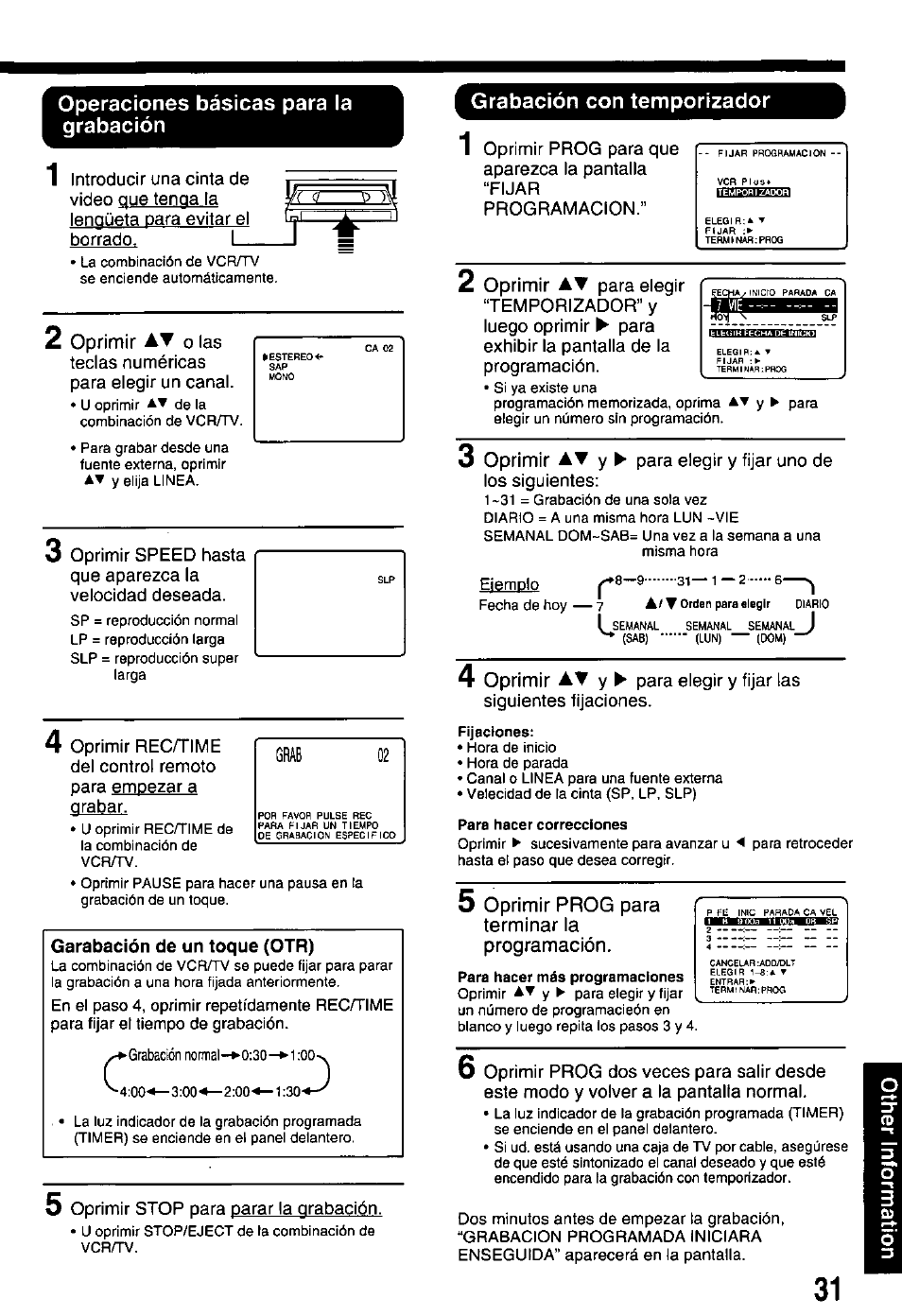 Operaciones básicas para la grabación, Grabación con temporizador | Panasonic PV-M2738 User Manual | Page 31 / 32