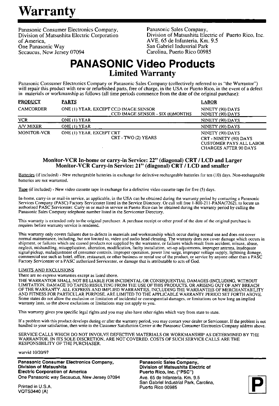 Warranty, Panasonic video products, Limited warranty | Panasonic PV-M2738 User Manual | Page 32 / 32