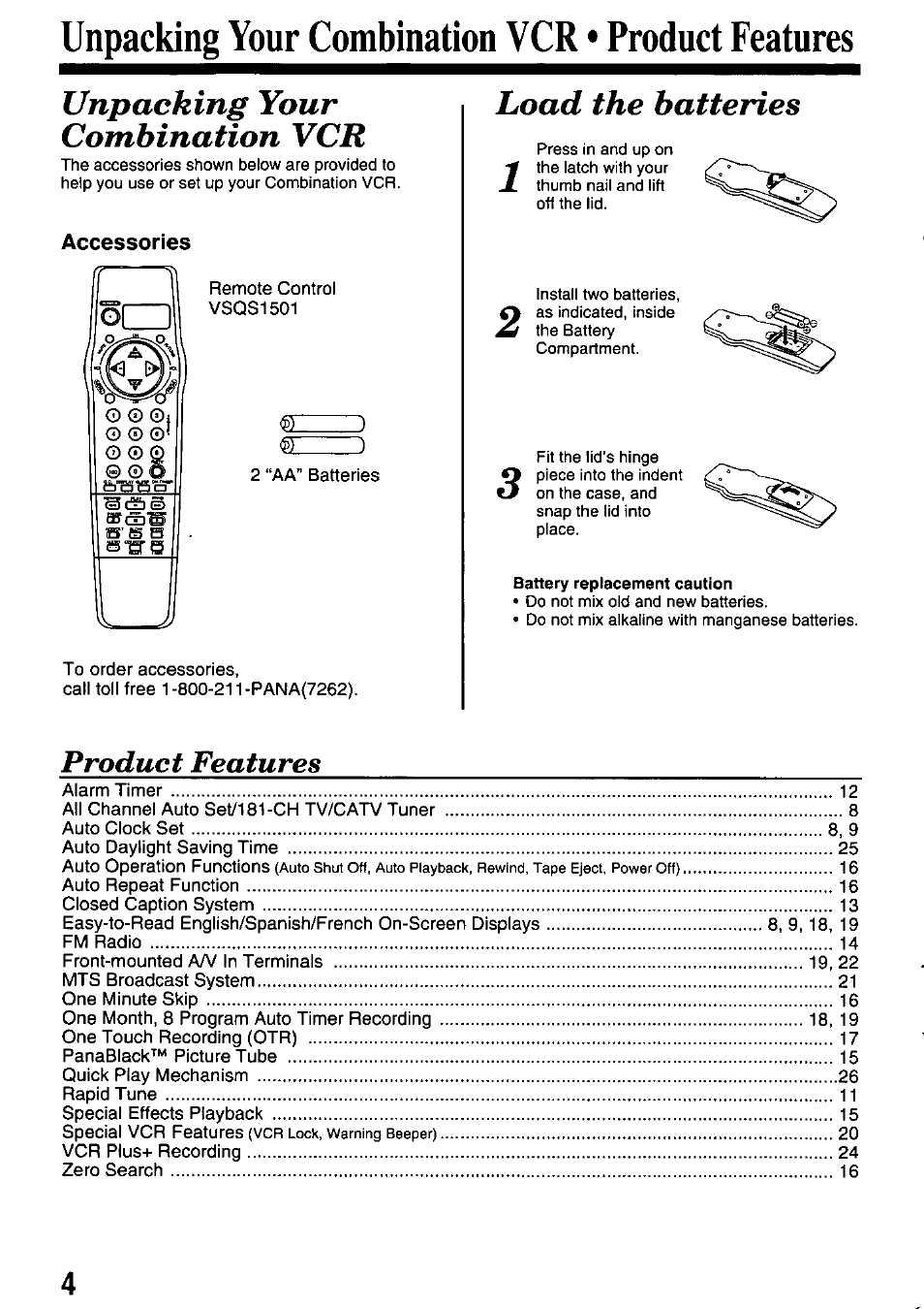 Unpacking your combination vcr • product features, Battery replacement caution, Unpacking your combination vcr | Load the batteries, Product features | Panasonic PV-M2738 User Manual | Page 4 / 32