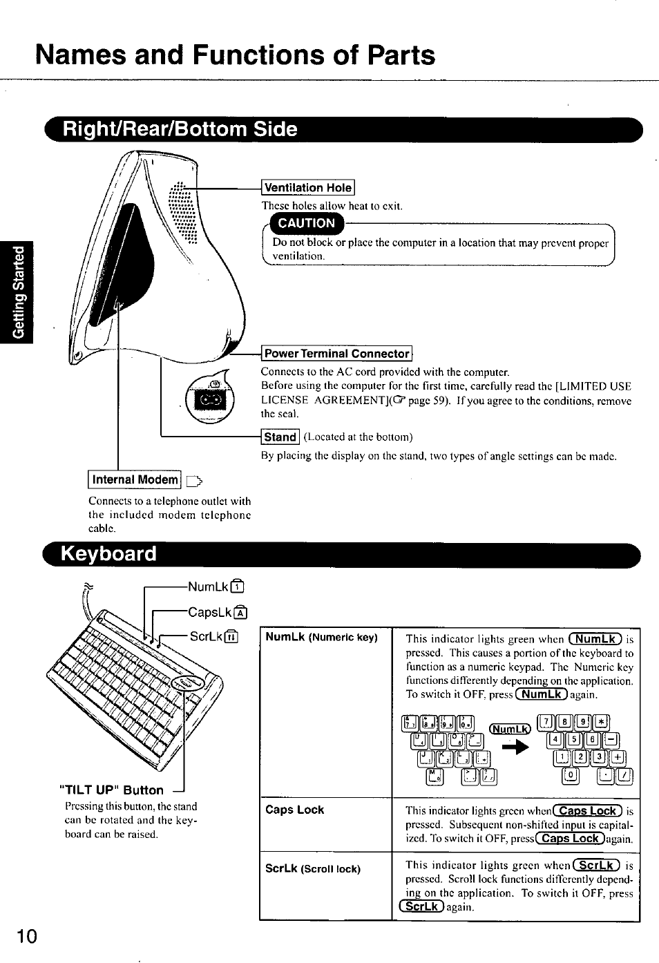 Names and functions of parts, Right/rear/bottom side keyboard | Panasonic CF-E1M User Manual | Page 10 / 64