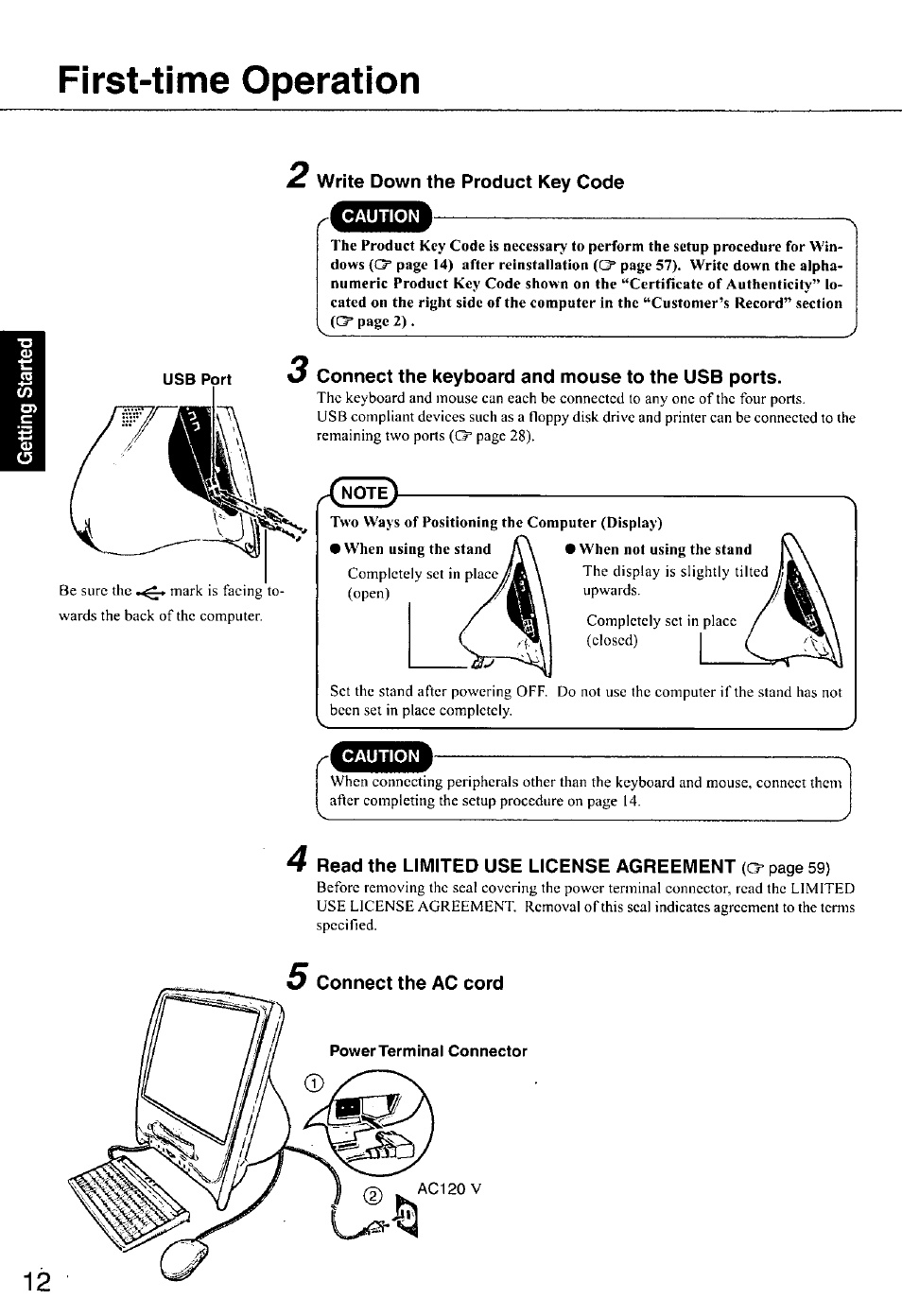 First-time operation, Write down the product key code, Connect the keyboard and mouse to the usb ports | Read the limited use license agreement, Connect the ac cord | Panasonic CF-E1M User Manual | Page 12 / 64