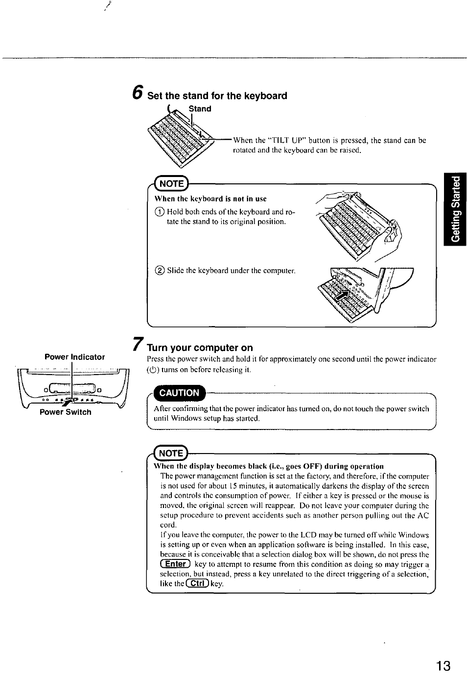 Set the stand for the keyboard, Stand, Power indicator | Turn your computer on | Panasonic CF-E1M User Manual | Page 13 / 64