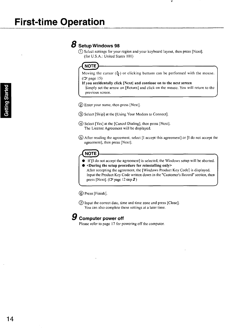 First-time operation, 8 setup windows 98, Q computer power off | Setup windows 98, Computer power off | Panasonic CF-E1M User Manual | Page 14 / 64