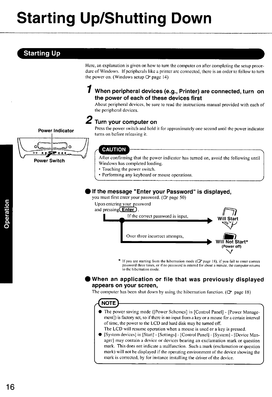 Starting up/shutting down, Starting up, Power switch | Turn your computer on, If the message "enter your password" is displayed, Will not start | Panasonic CF-E1M User Manual | Page 16 / 64