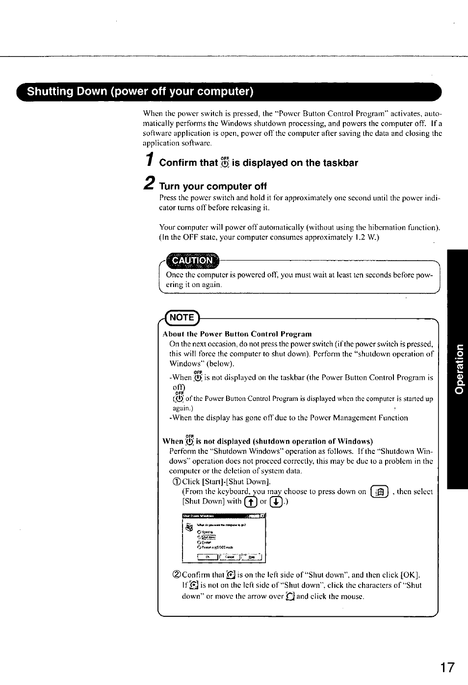 Shutting down (power off your computer), Confirm that 0; is displayed on the taskbar, Turn your computer off | Confirm that, Is displayed on the taskbar turn your computer off | Panasonic CF-E1M User Manual | Page 17 / 64