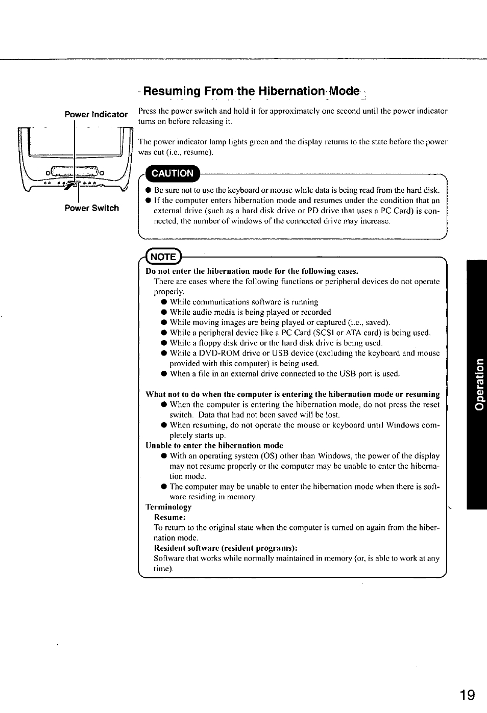 Resuming from the hibernation mode | Panasonic CF-E1M User Manual | Page 19 / 64