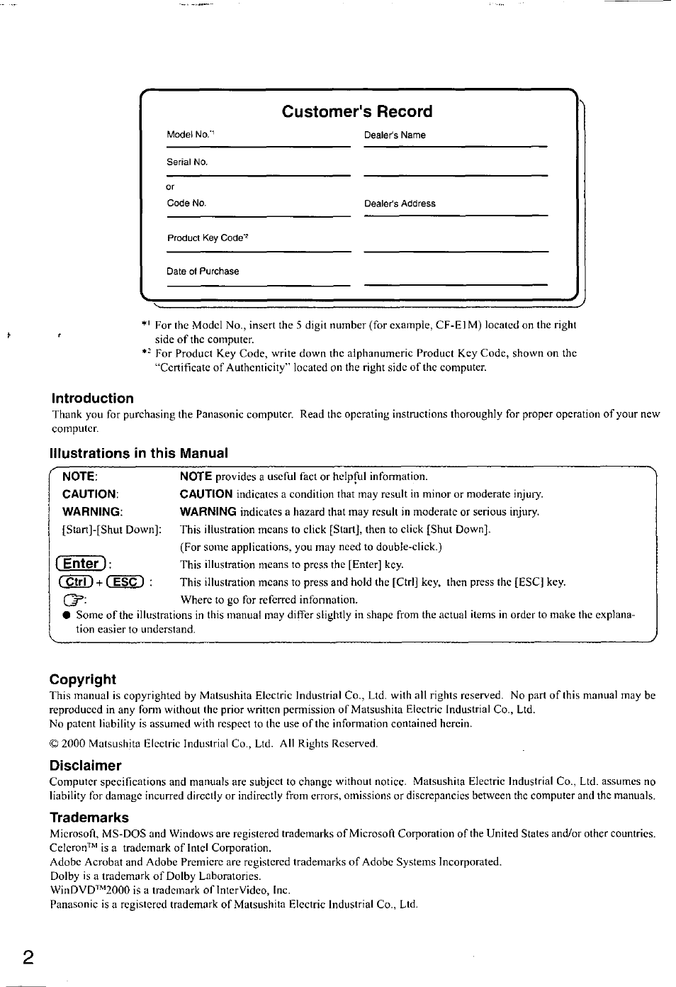 Introduction, Illustrations in this manual, Note | Caution, Warning, Enter 1, Copyright, Disclaimer, Trademarks, Customer's record | Panasonic CF-E1M User Manual | Page 2 / 64